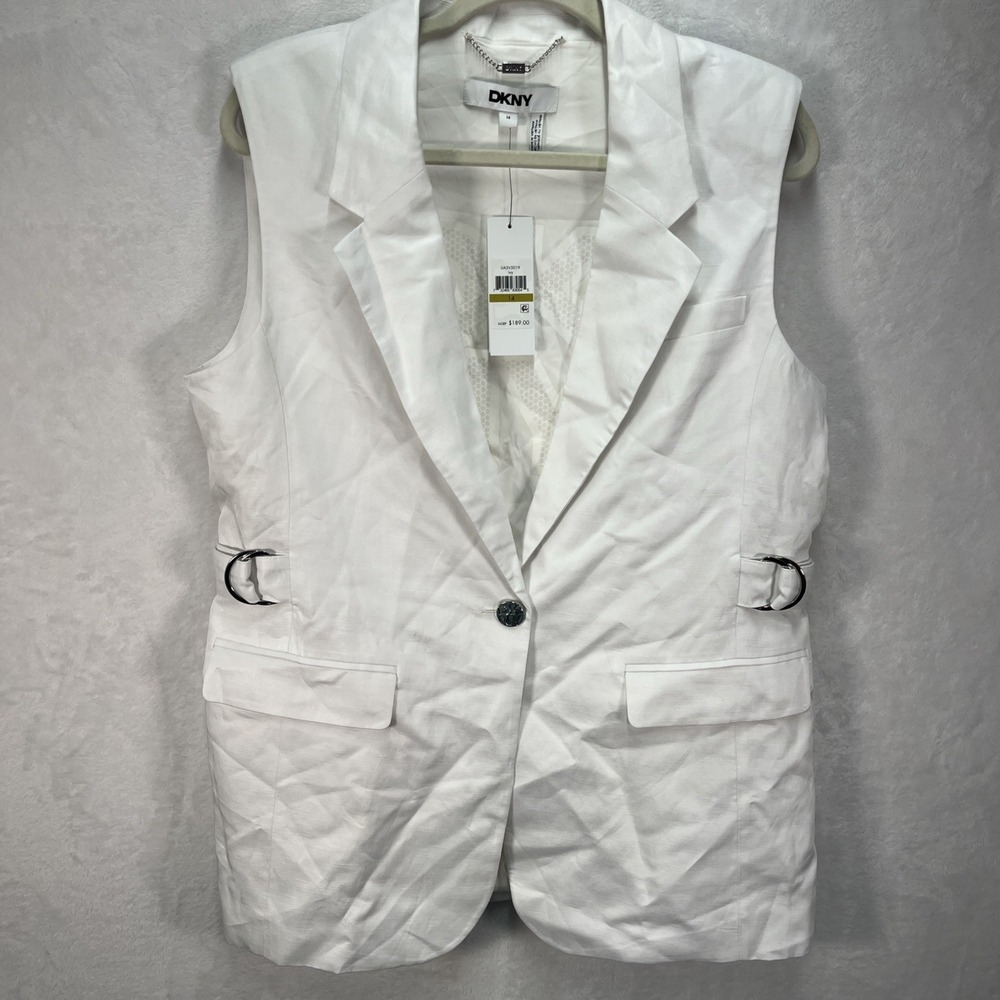 DKNY Linen Blend Blazer Vest Womens 14‎ Ivory Side Buckle Coastal Career NEW